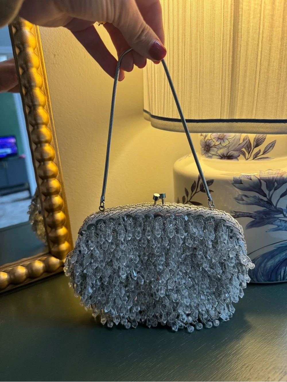 Vintage Crystal Beaded Evening Clutch Handbag - Silver